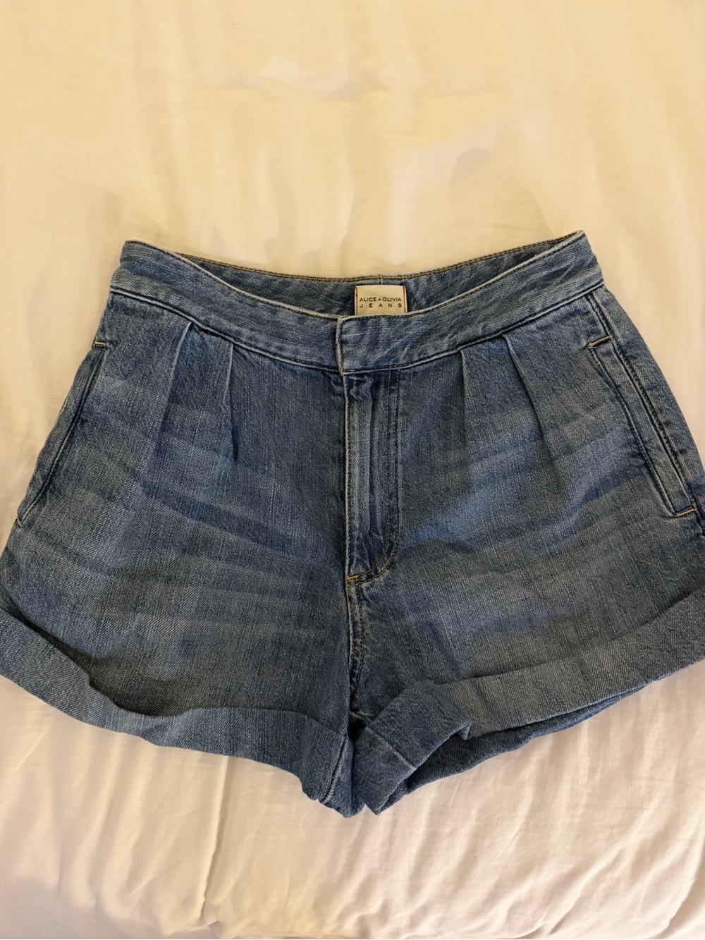 Alice + Olivia Light Blue Denim Pleated High-Rise Shorts